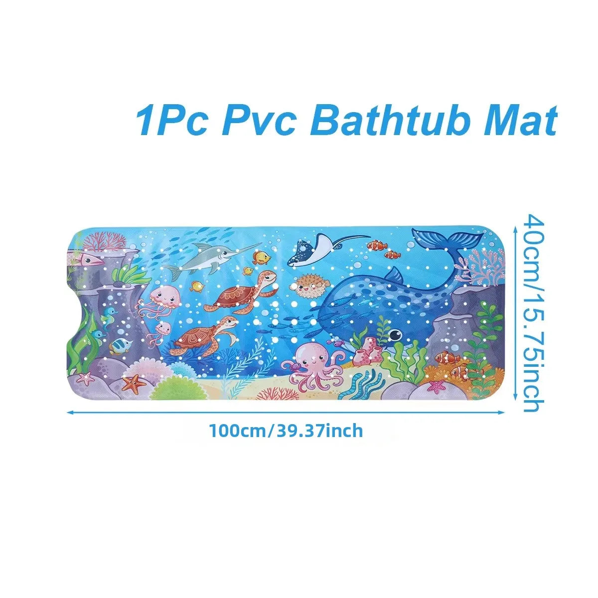 Bath mat size guide showing 100cm by 40cm and bright sea life illustrations