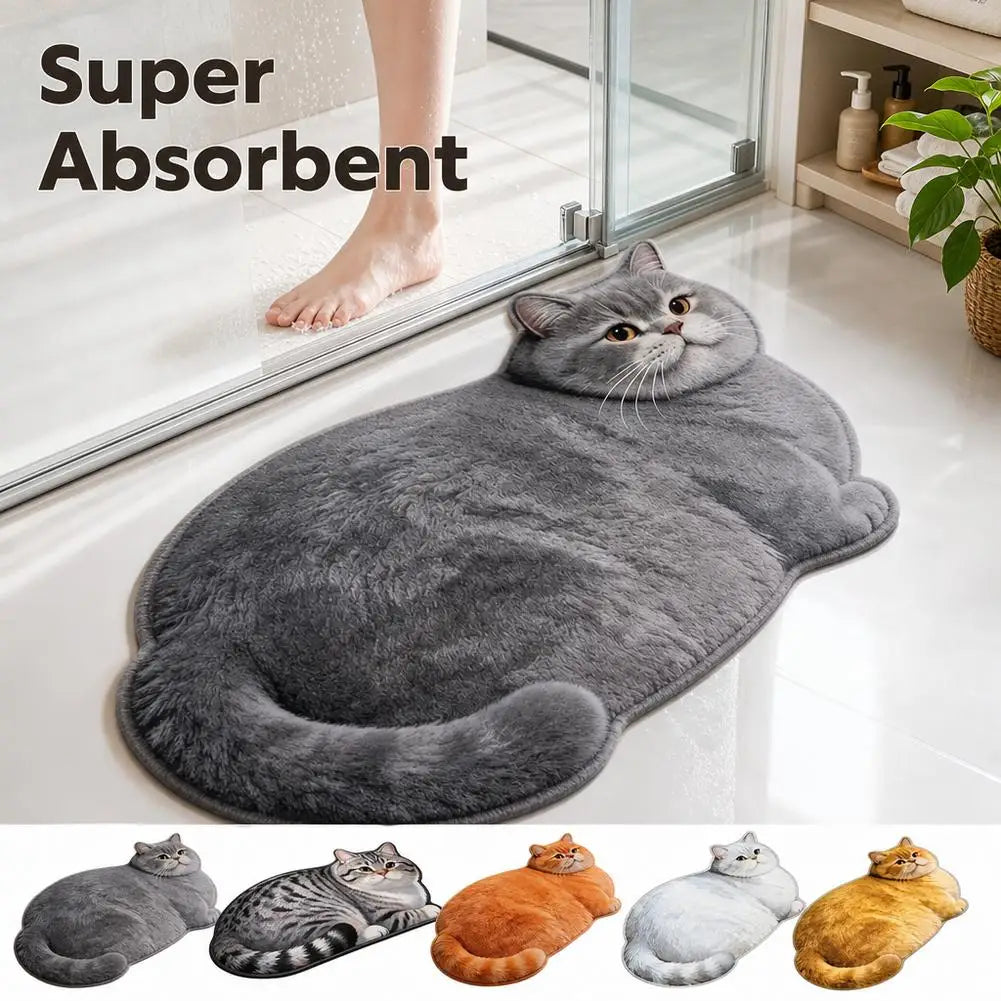 gray cat bath mat placed outside a shower, emphasizing absorbency and non-slip backing