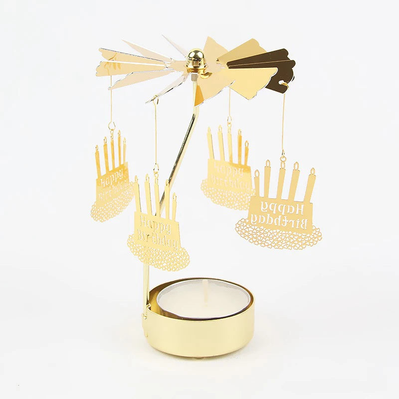 Spinning Metal Tealight Candle Holder with Rotating Charms for Cozy Home Decor & Festive Table Setting