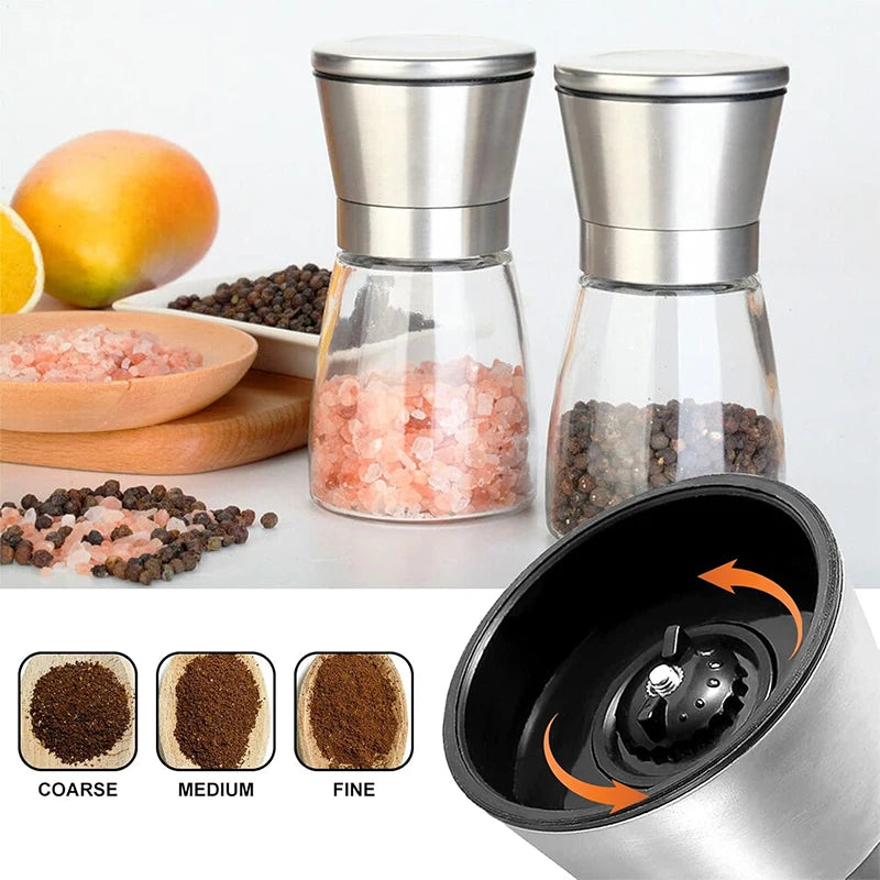 Adjustable Salt and Pepper Grinder Set with Glass and Stainless Steel