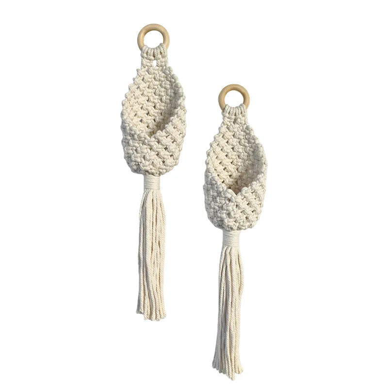 Cotton Rope Hanging Wall Basket with Boho Tassel – Creamy White