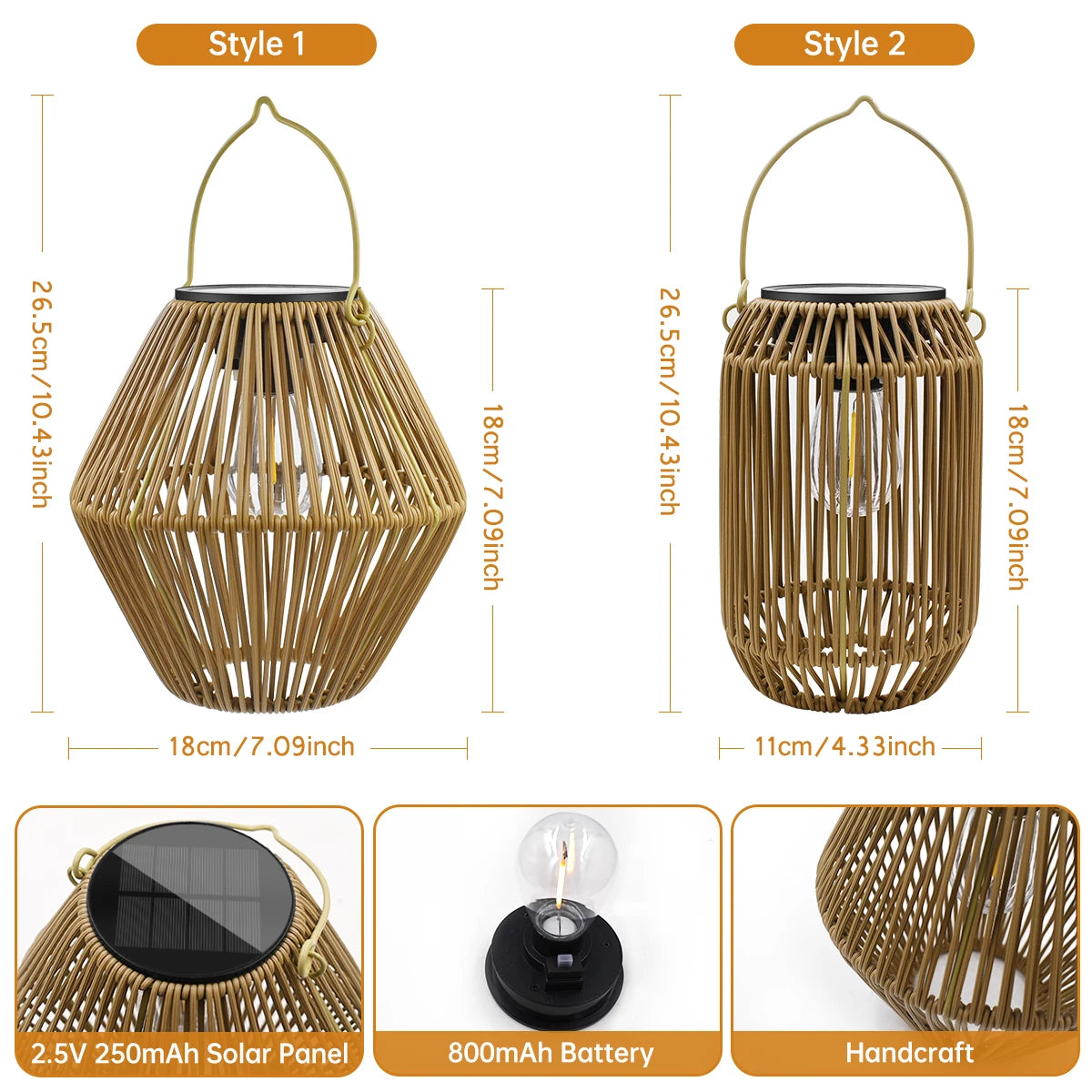 Side-by-side dimensions and features of diamond and round woven bamboo solar lantern styles