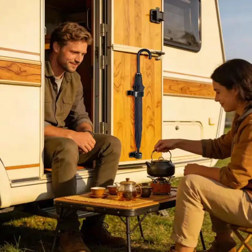 Two people sitting outside a camper with a black umbrella stand mounted on the camper door