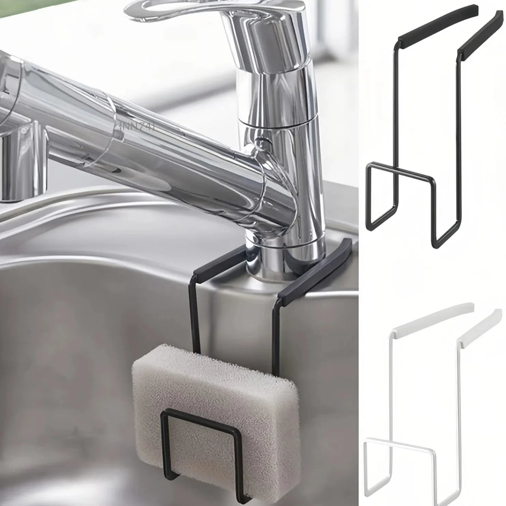 Metal faucet sink caddy holding a sponge on a kitchen faucet, shown in black and white color options