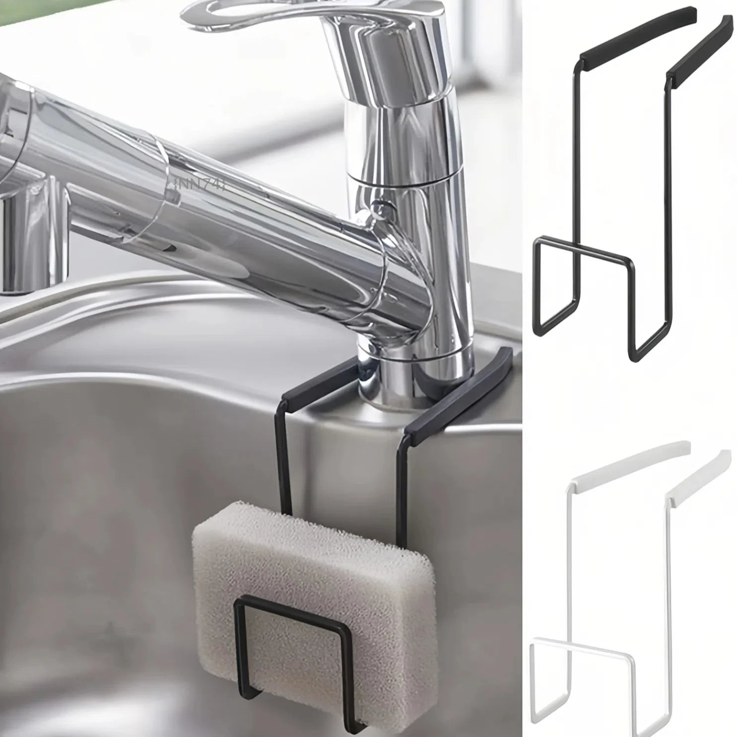Metal faucet sink caddy holding a sponge on a kitchen faucet, shown in black and white color options