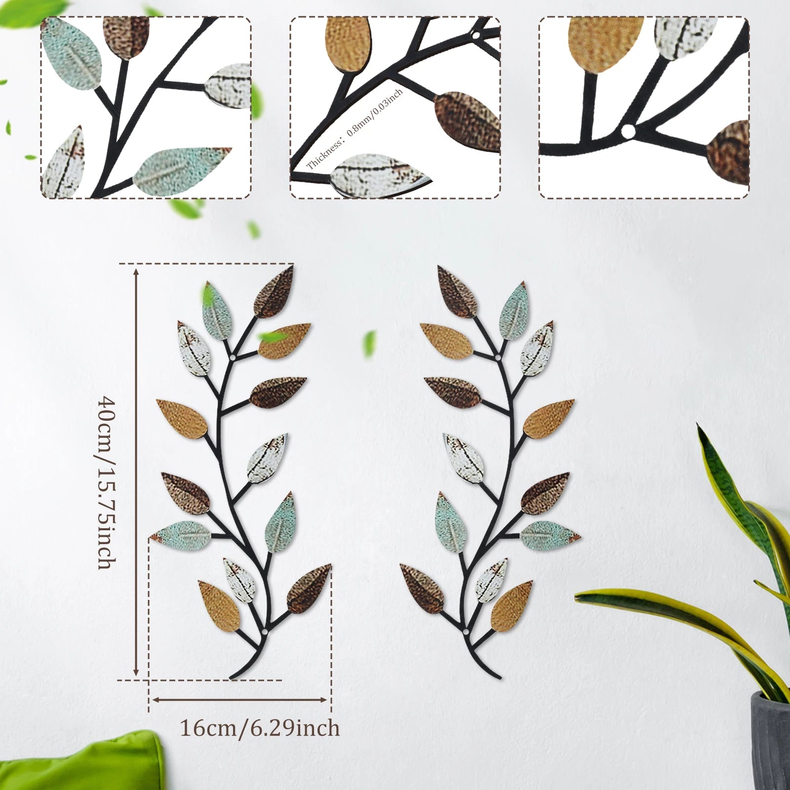 Closeup showing the 40x16cm size, leaf detail, and hanging hole of the metal branch wall decor