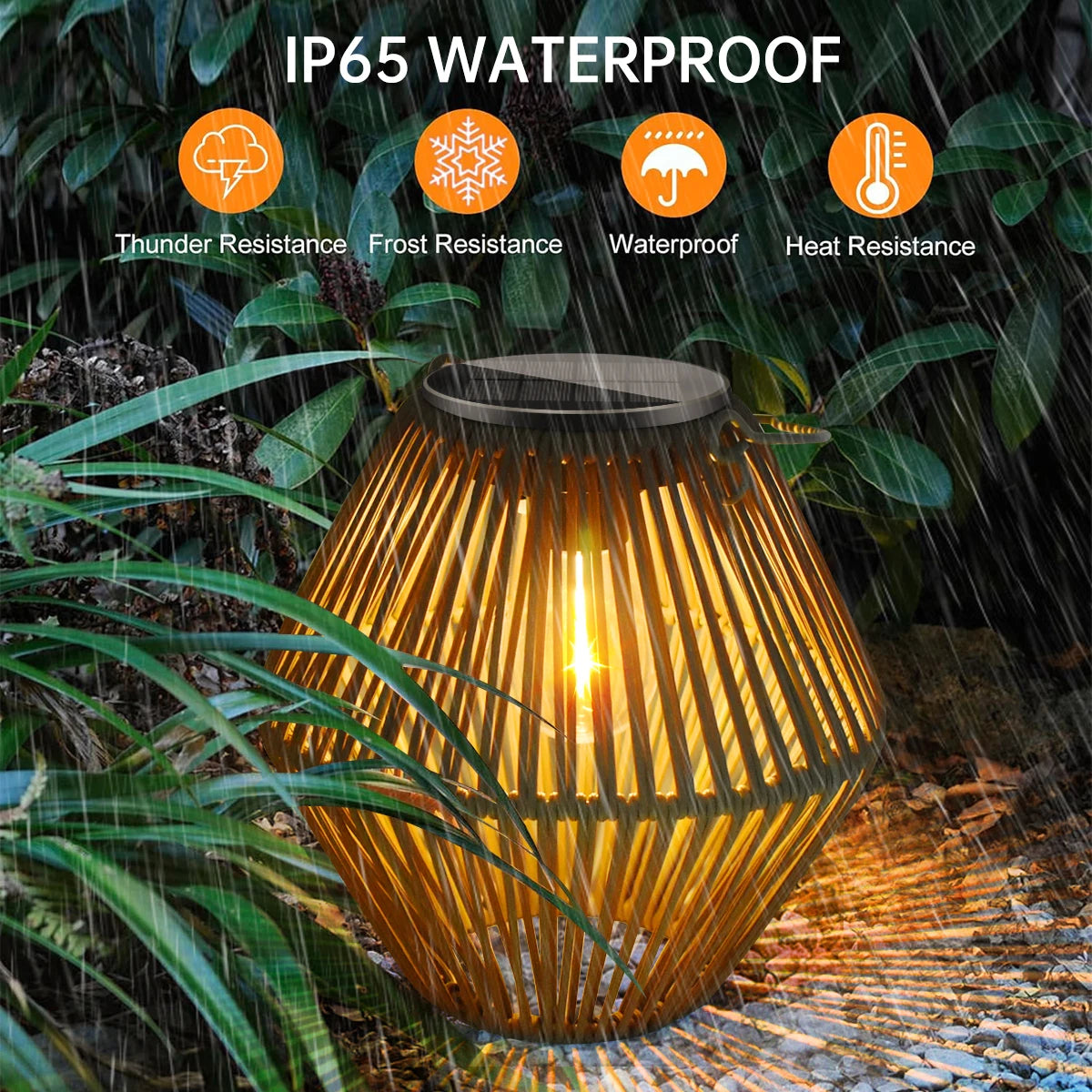 Hexagon solar rattan lantern glowing in heavy rain outdoors, illustrating weather resistance