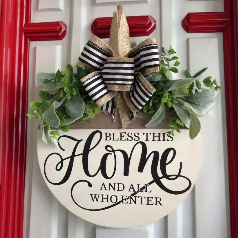 Welcome Flower Wreath Wooden Door Sign with Bow, Milky White