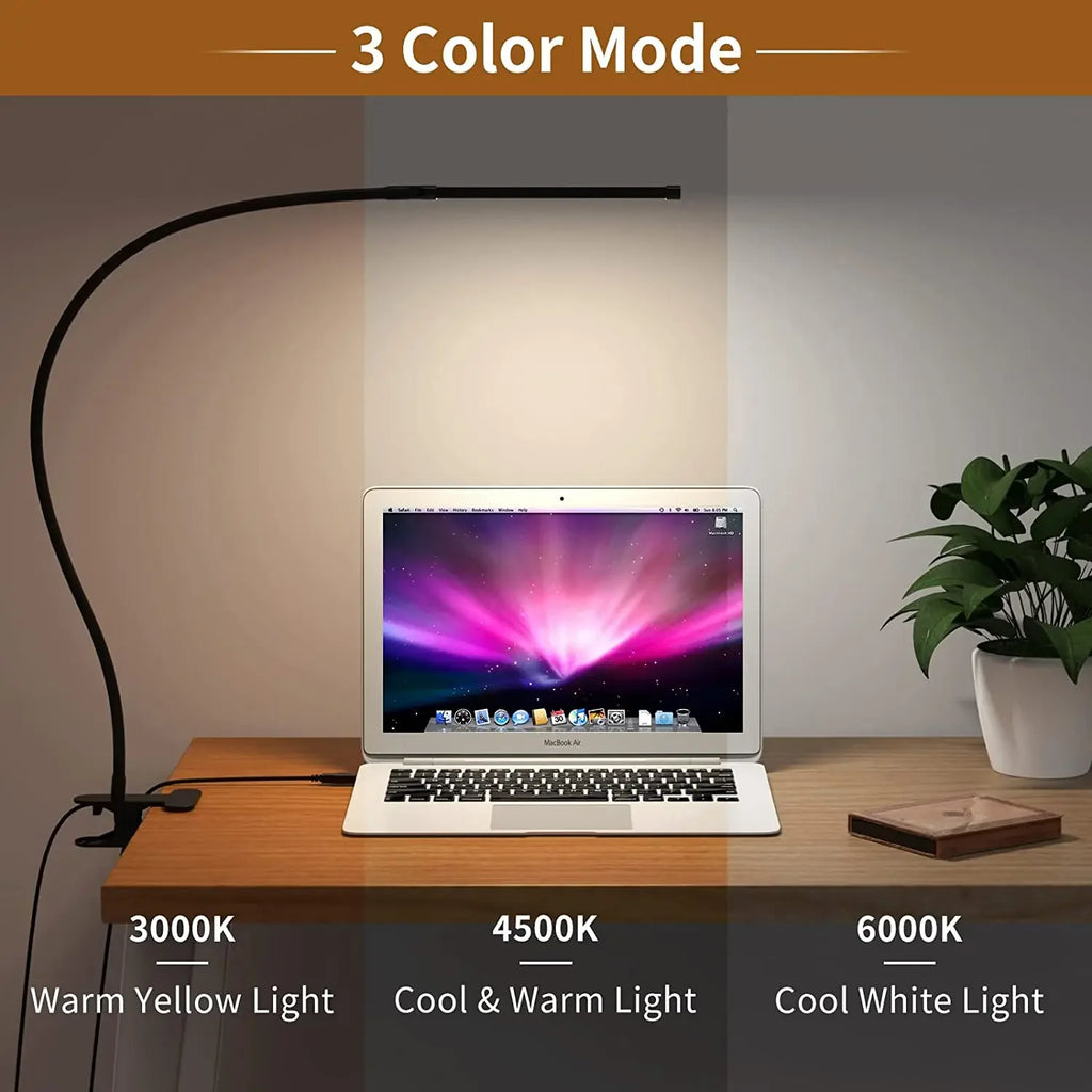 Desk scene showing one LED clip-on lamp with three color temperature modes displayed: warm, neutral, and cool white