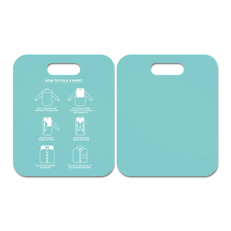 Front and back of a mint green plastic shirt folding board with printed instruction diagrams