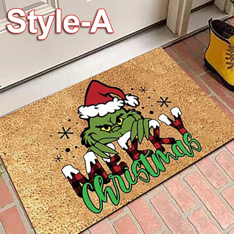 Doormat with a Grinch in Santa hat and 'Merry Christmas' design at front door