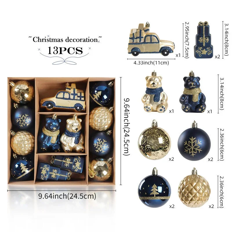 Traditions Christmas Tree Ornaments Set – Red, Green & Gold Baubles with Santa, Train & Gingerbread Figures (13 Pieces)