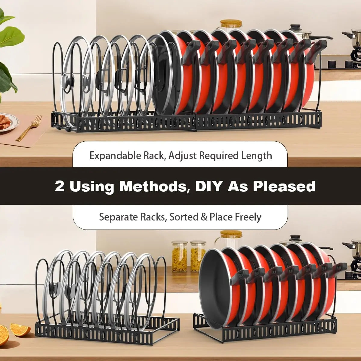 Two ways to use the organizer rack: fully extended as one rack or separated into two racks, each holding pans or lids on a kitchen counter
