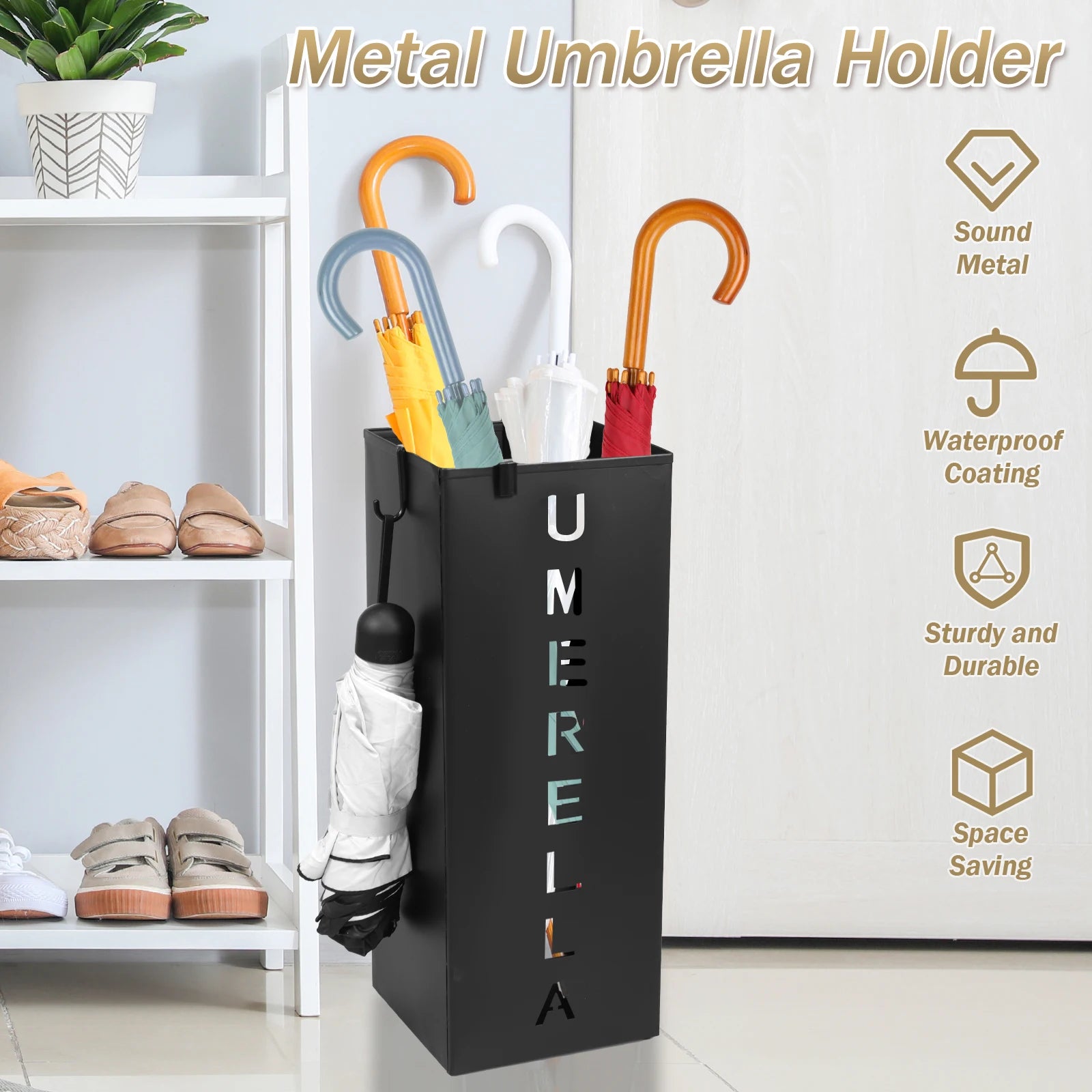 Black metal umbrella stand holding umbrellas in an entryway setting next to a shoe rack, decorative benefits highlighted