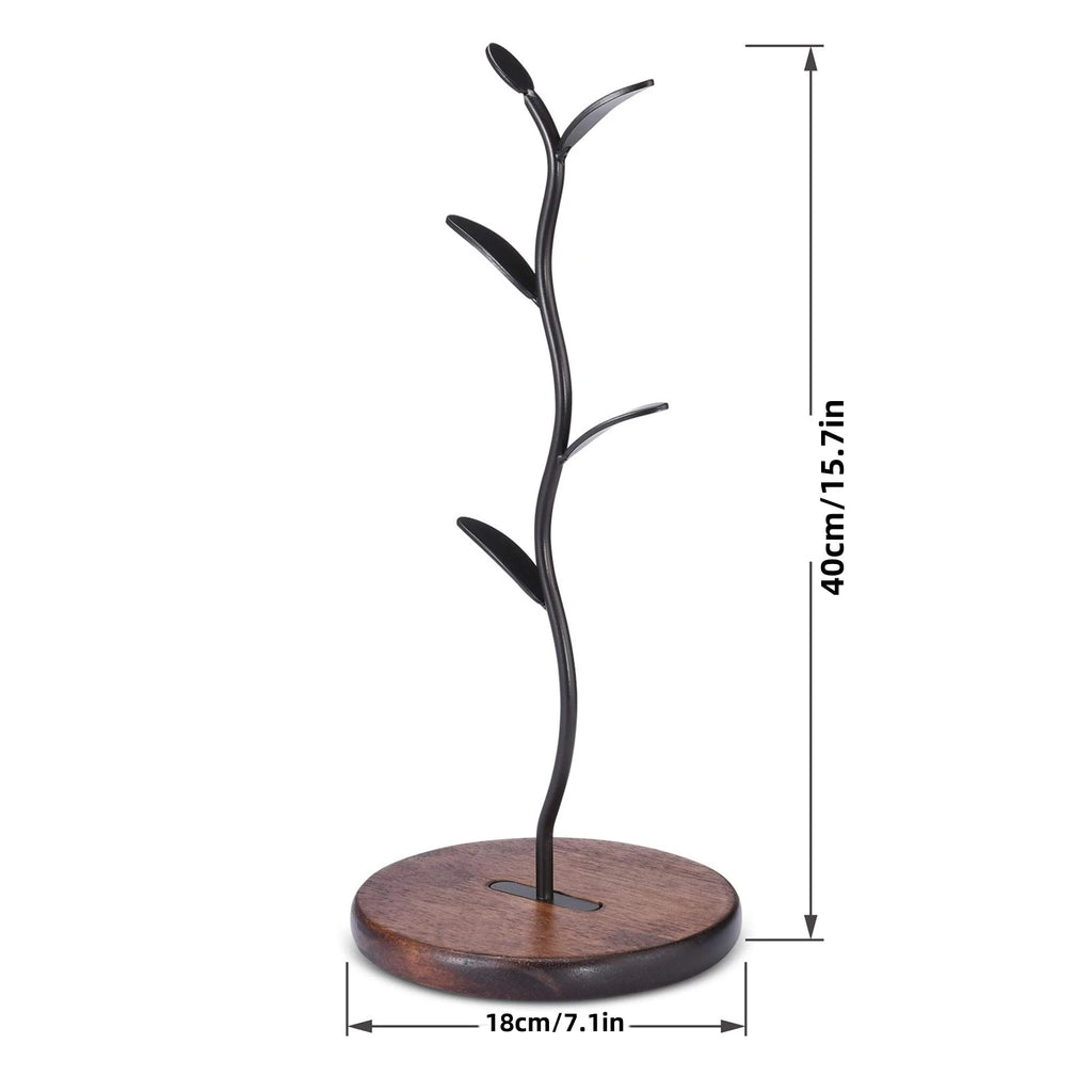 Black mug tree stand with wood base on white background, showing measurements of 40cm height and 18cm base diameter
