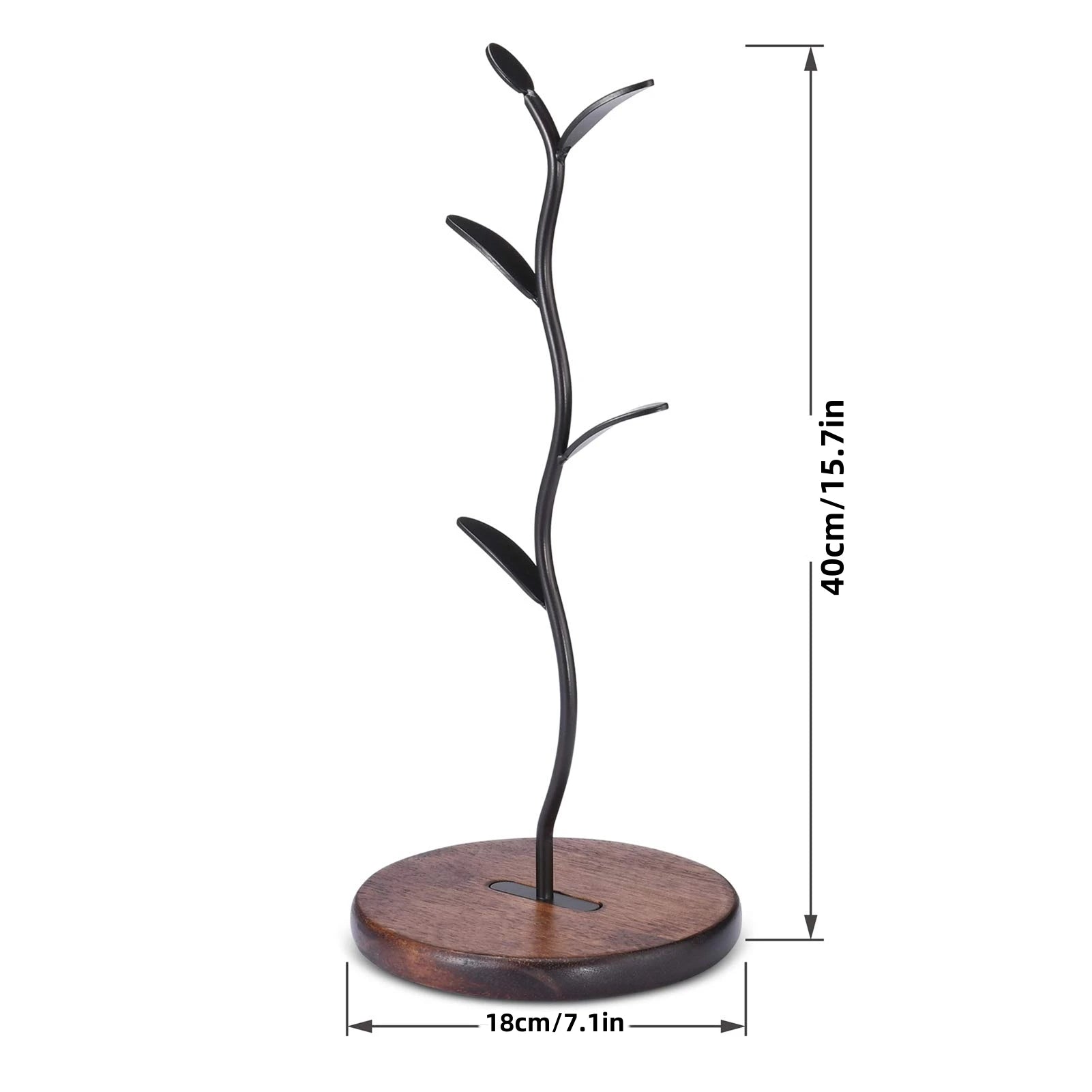 Black mug tree stand with wood base on white background, showing measurements of 40cm height and 18cm base diameter