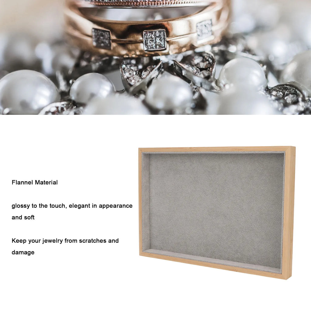 Gray velvet-lined wood jewelry tray shown next to pearls and rings, text highlighting flannel material