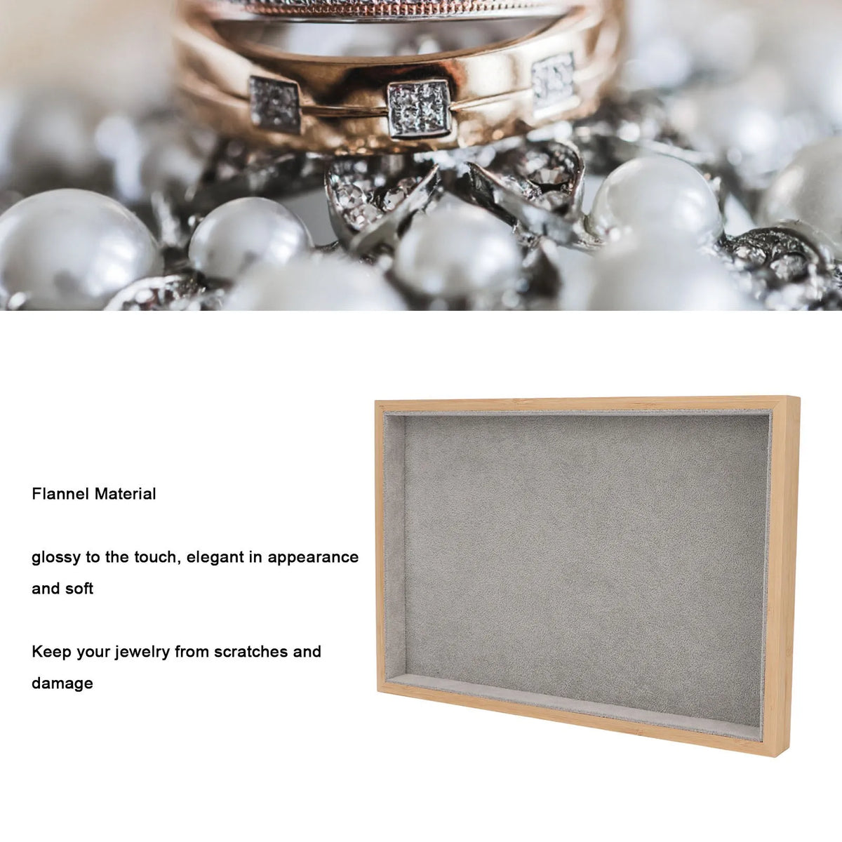 Gray velvet-lined wood jewelry tray shown next to pearls and rings, text highlighting flannel material