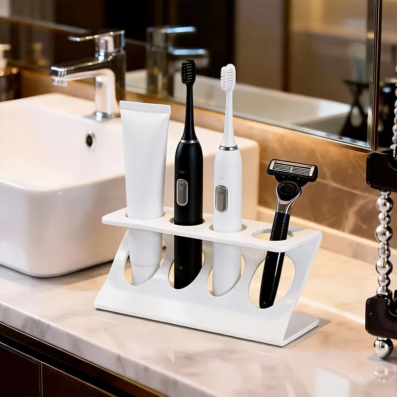 Ventilated Plastic Toothbrush & Toothpaste Stand for Bathroom Countertop Organization – 4-Slot Holder for Electric Toothbrushes, Razors