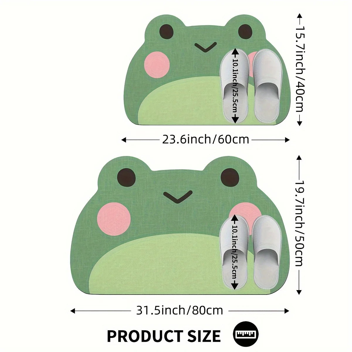 Product diagram showing two sizes of frog-shaped bath mats with measurements