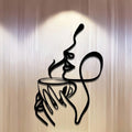 Minimalist metal wall art with woman sipping from a cup, shown mounted on a beige wall