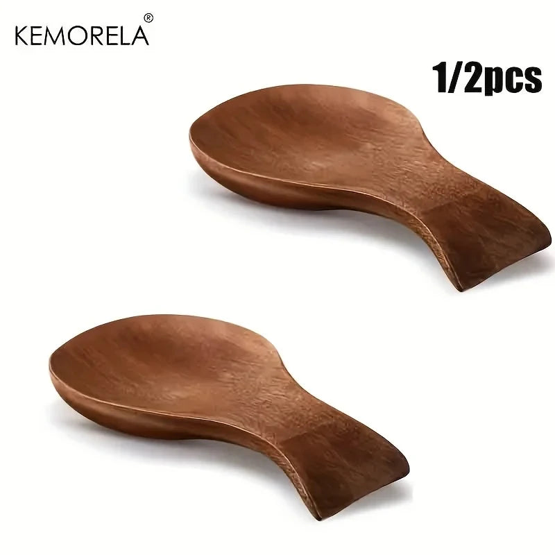 Wooden spoon rest for kitchen counter, shown in 1-piece and 2-piece sets