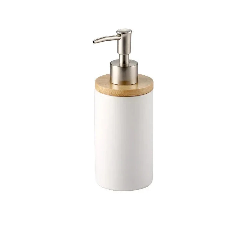 Arden Ceramic Bathroom Accessories Set with Wooden Tray – Modern Countertop Organizer for Soap and Toothbrush Storage
