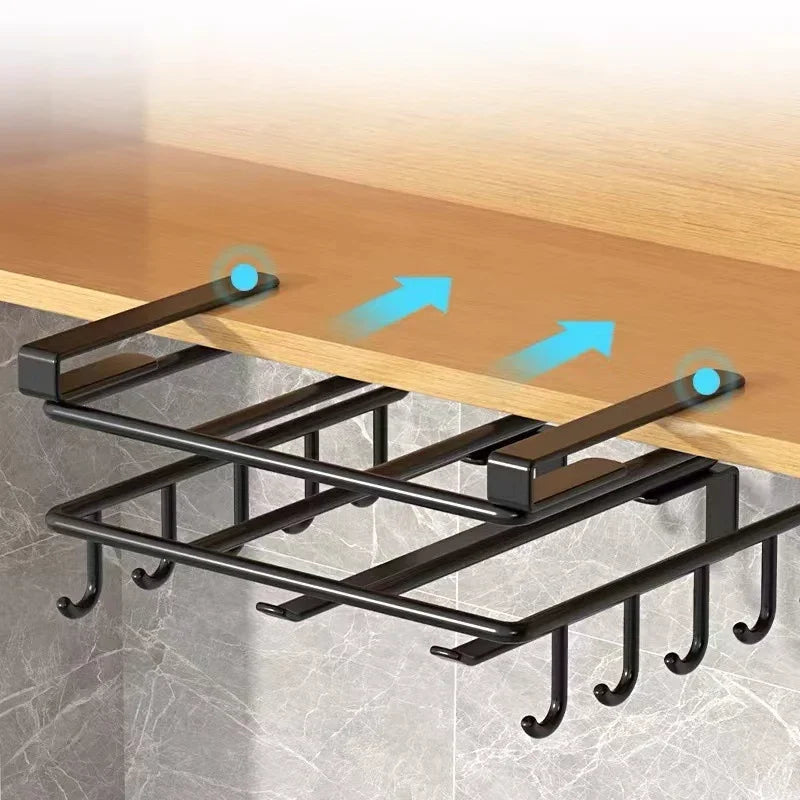 Metal under shelf organizer rack with arrows indicating slide-on installation, hooks visible