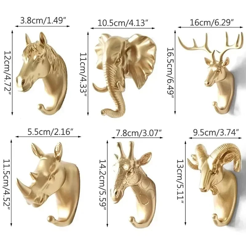 Size reference chart for gold animal head wall hooks, showing horse, elephant, deer, rhinoceros, giraffe, and goat with dimensions in cm and inches