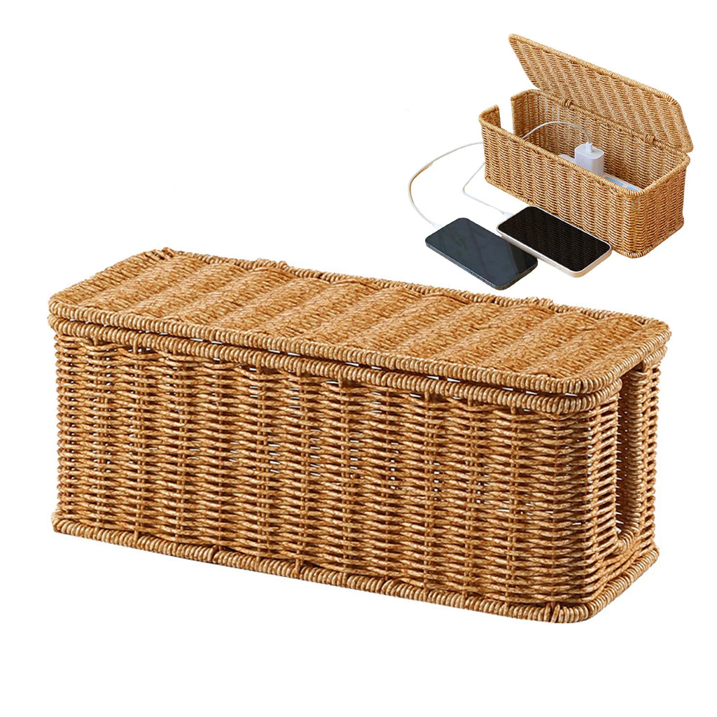 Woven Cable Storage Box with Lid – Desktop & Under-Desk Cord Organizer