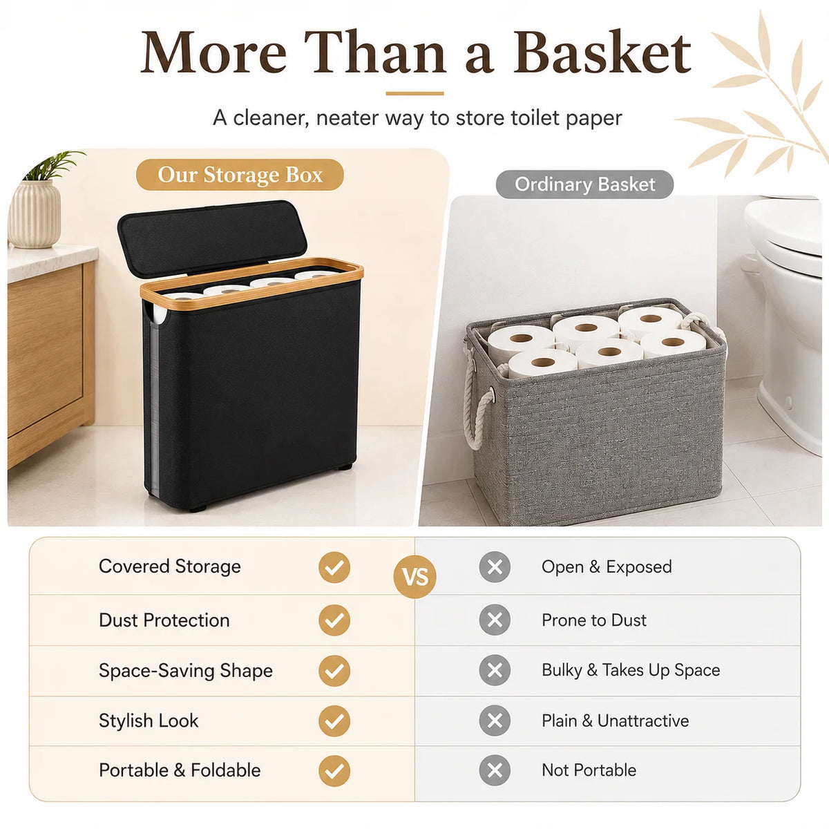 Slim Foldable Bathroom Storage Bin with Lid, Bamboo Frame & Fabric Sides – Holds 12 Toilet Paper Rolls or Laundry in Black, Light Grey