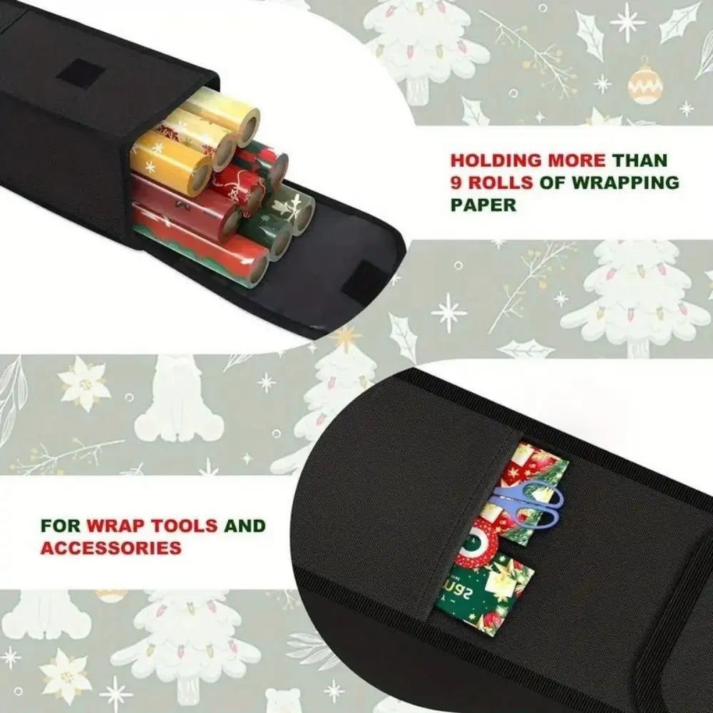 Black wrapping paper organizer bag shown holding multiple rolls and small tools with text highlighting storage uses.