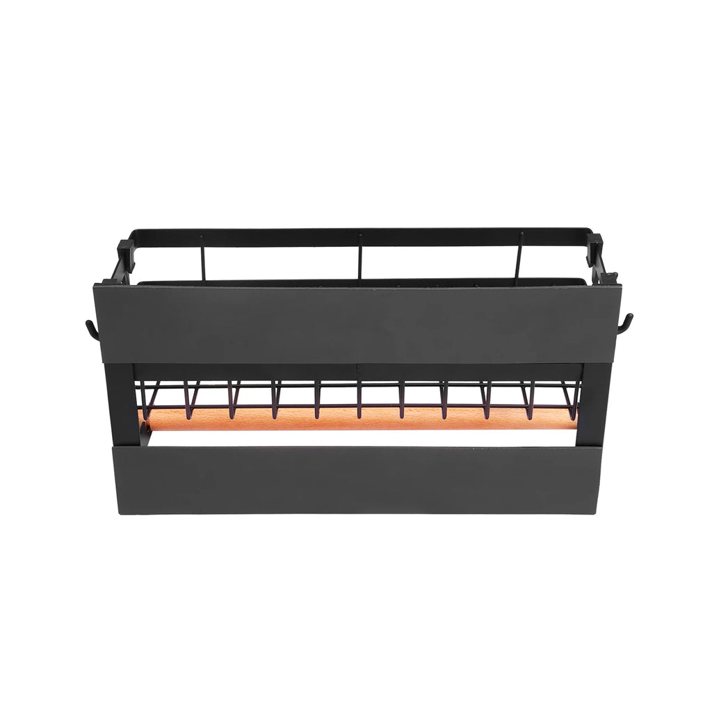 Back view of black magnetic kitchen rack with wooden towel bar
