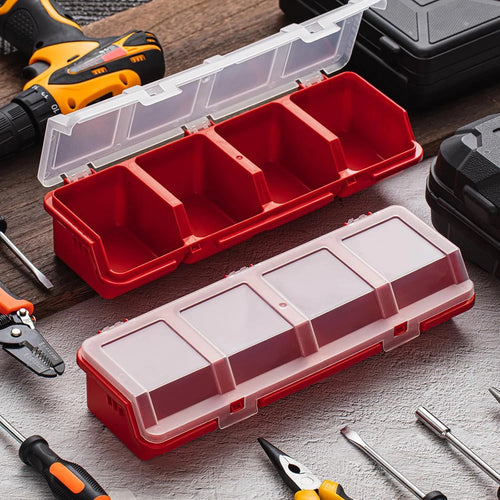 Red 4-compartment small parts organizer box with clear lid open and closed, surrounded by tools on a workbench