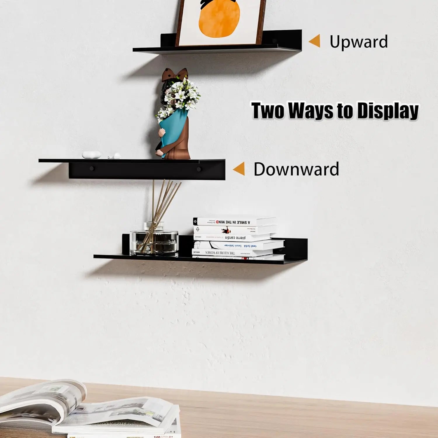 Black metal ledge shelves shown mounted upward and downward with text markers for display options