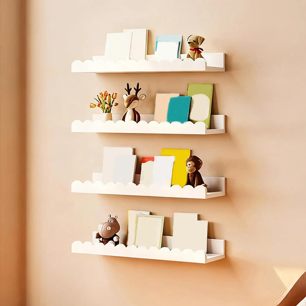 Arden Scalloped White Floating Wall Bookshelves – Set of 2 Wooden Storage Shelves for Nursery, Bedroom, or Playroom