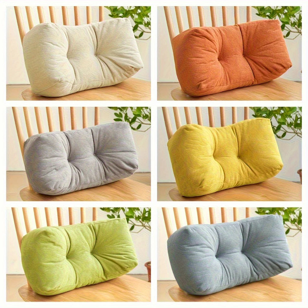 Six u-shape lumbar support cushions in a variety of solid colors shown on wooden chairs