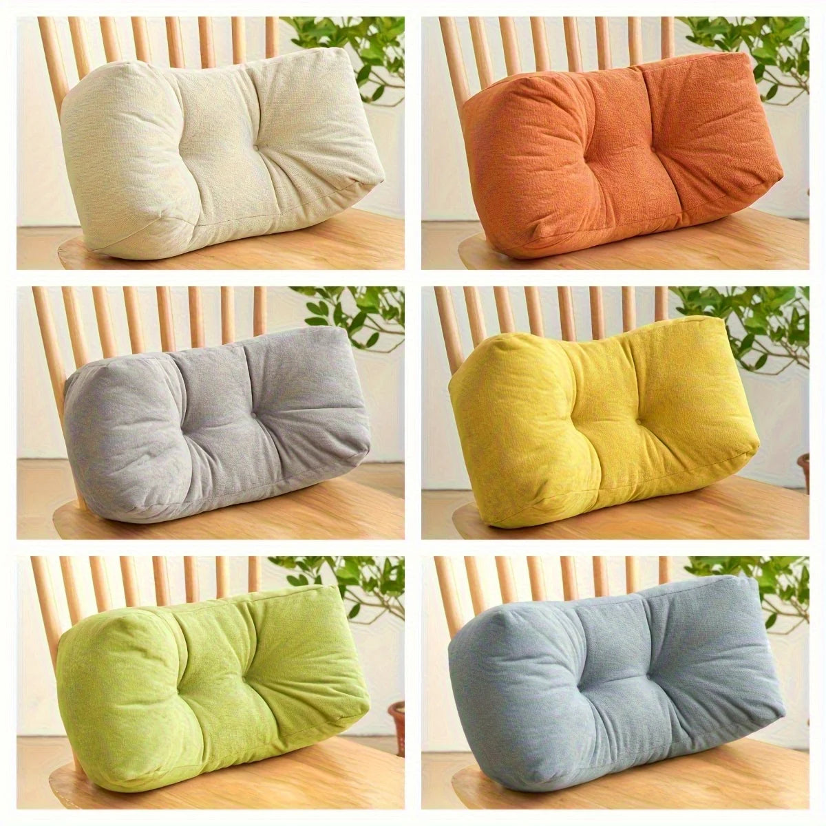Six u-shape lumbar support cushions in a variety of solid colors shown on wooden chairs