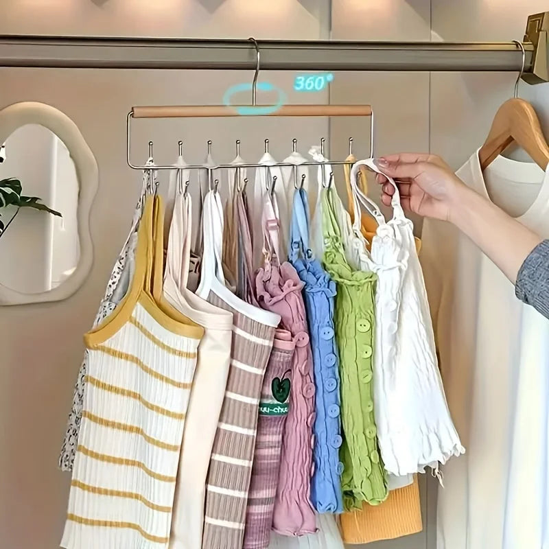 Closet hanger in use with colorful tank tops and camisoles lined up