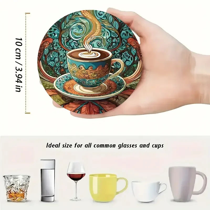 Hand holding a 10 cm coffee-themed coaster with examples of common cups and glasses beneath