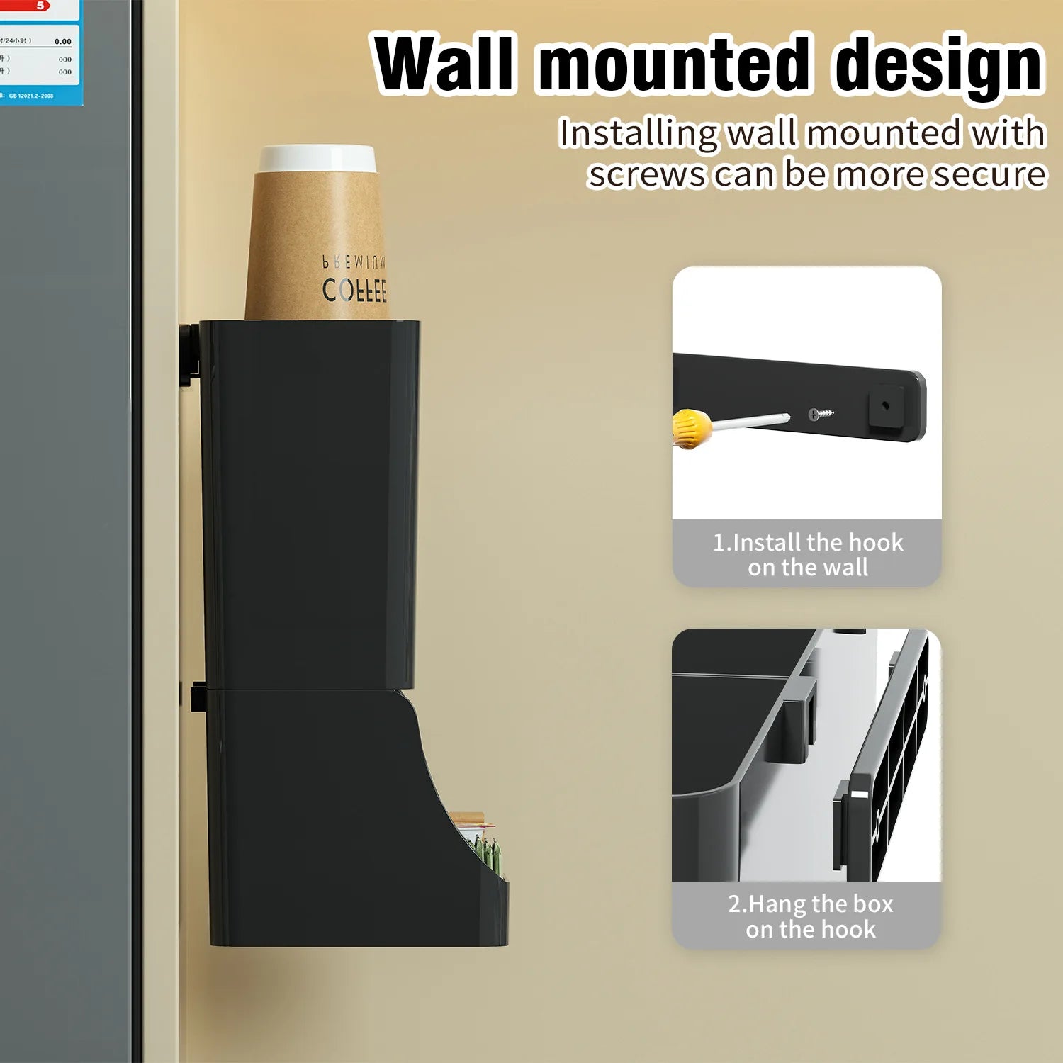 Wall-Mounted Coffee Station Organizer for Cups, Lids & Condiments – Black or White Plastic