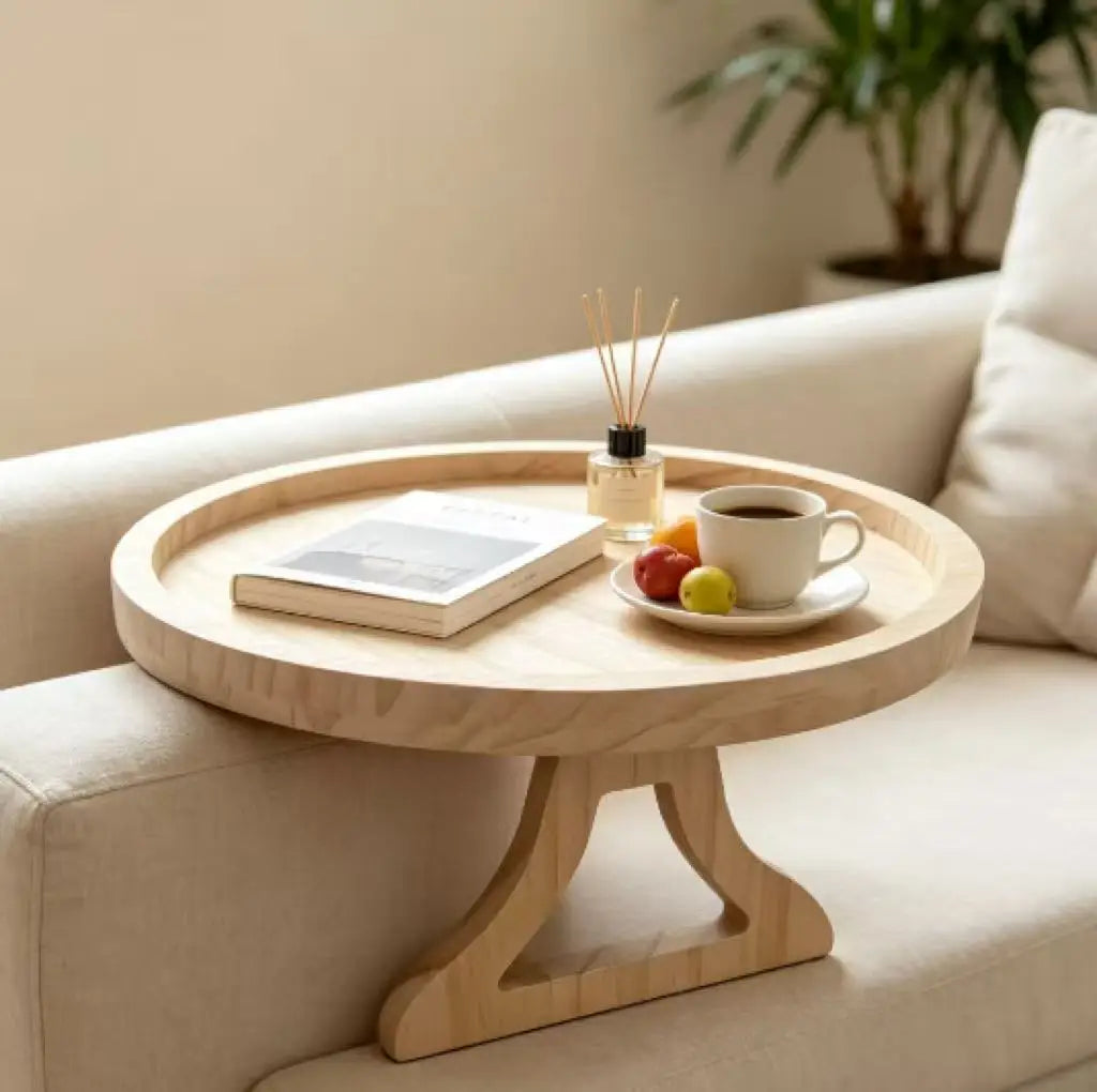 Round bamboo sofa armrest tray table holding coffee, snacks, and a book on a beige sofa