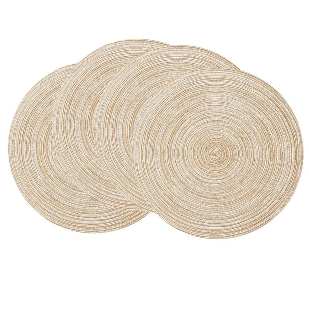 Three round beige braided placemats displayed overlapping each other