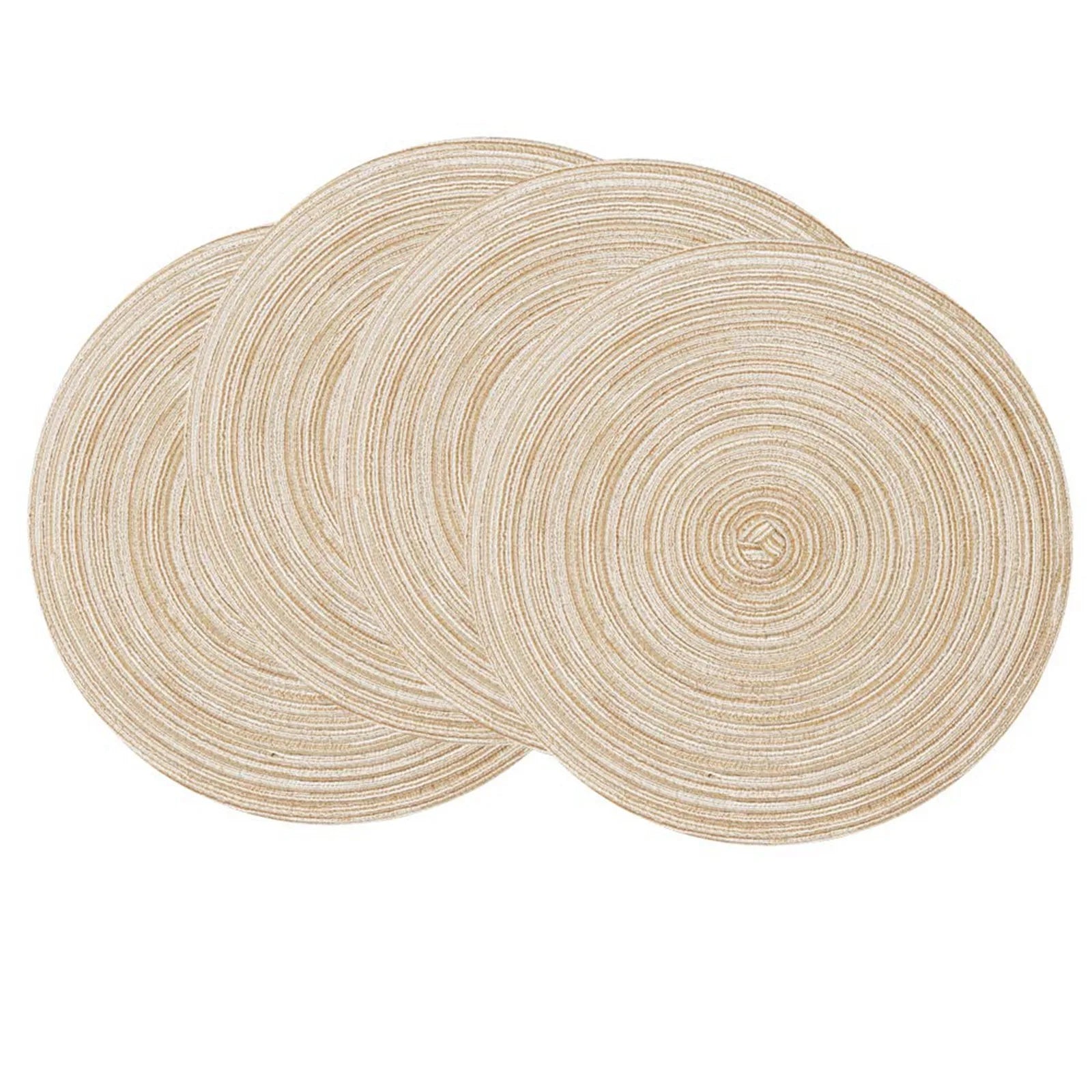 Three round beige braided placemats displayed overlapping each other