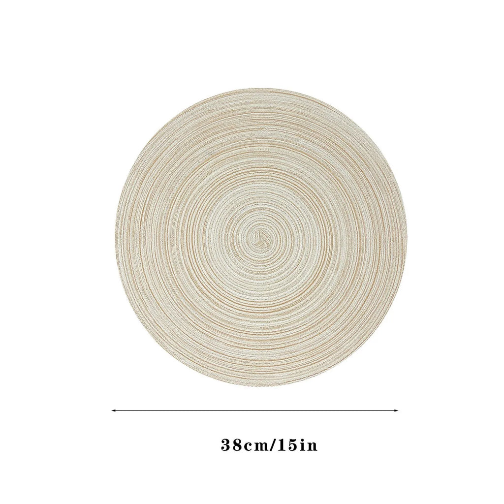 Single round placemat, beige woven style, with size label 38cm/15in