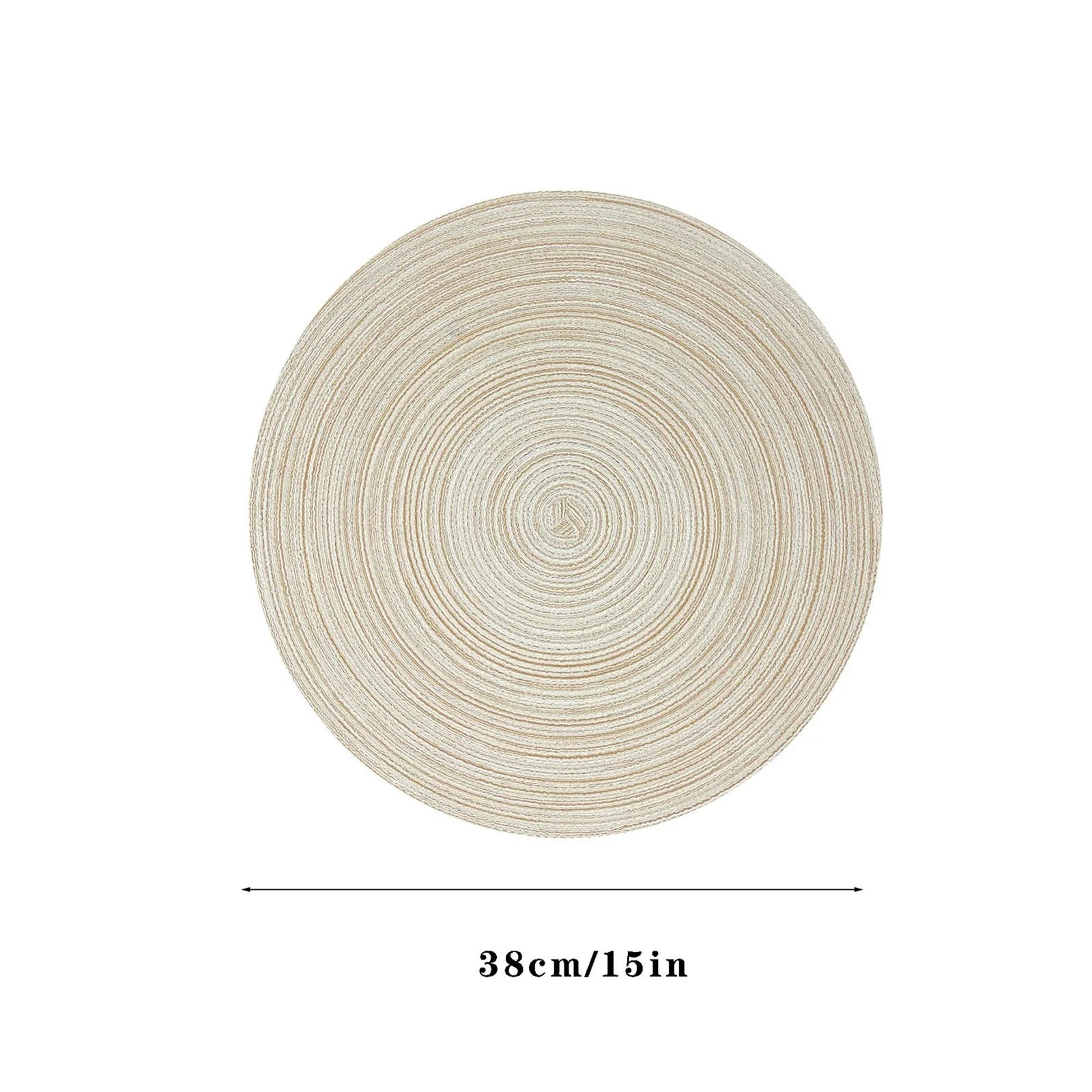 Single round placemat, beige woven style, with size label 38cm/15in