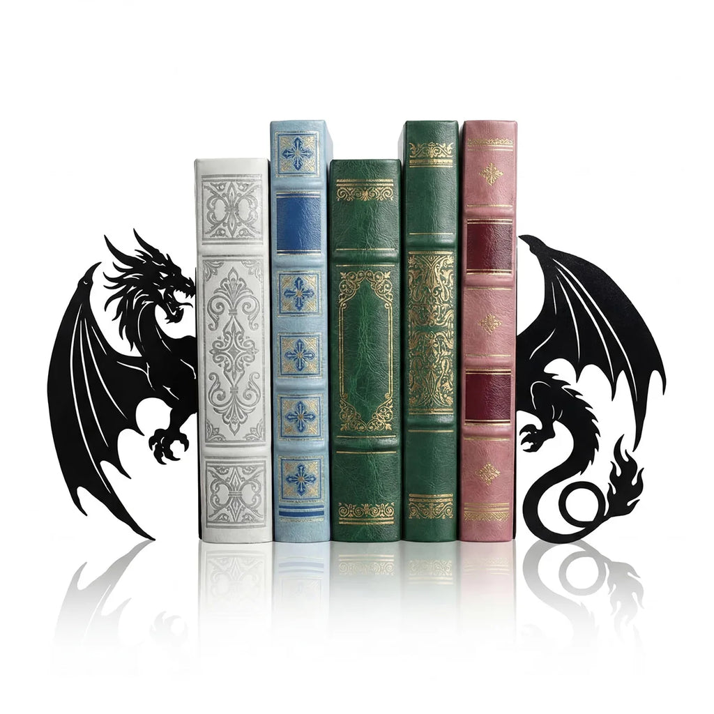 Pair of black metal dragon-shaped bookends holding classic books upright