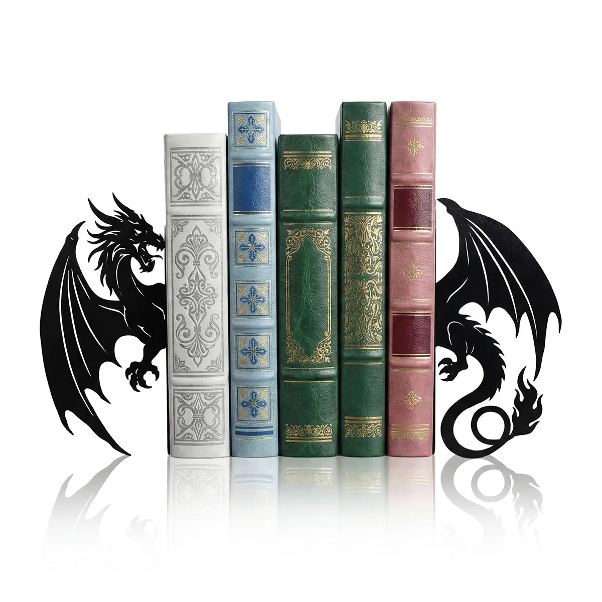Pair of black metal dragon-shaped bookends holding classic books upright