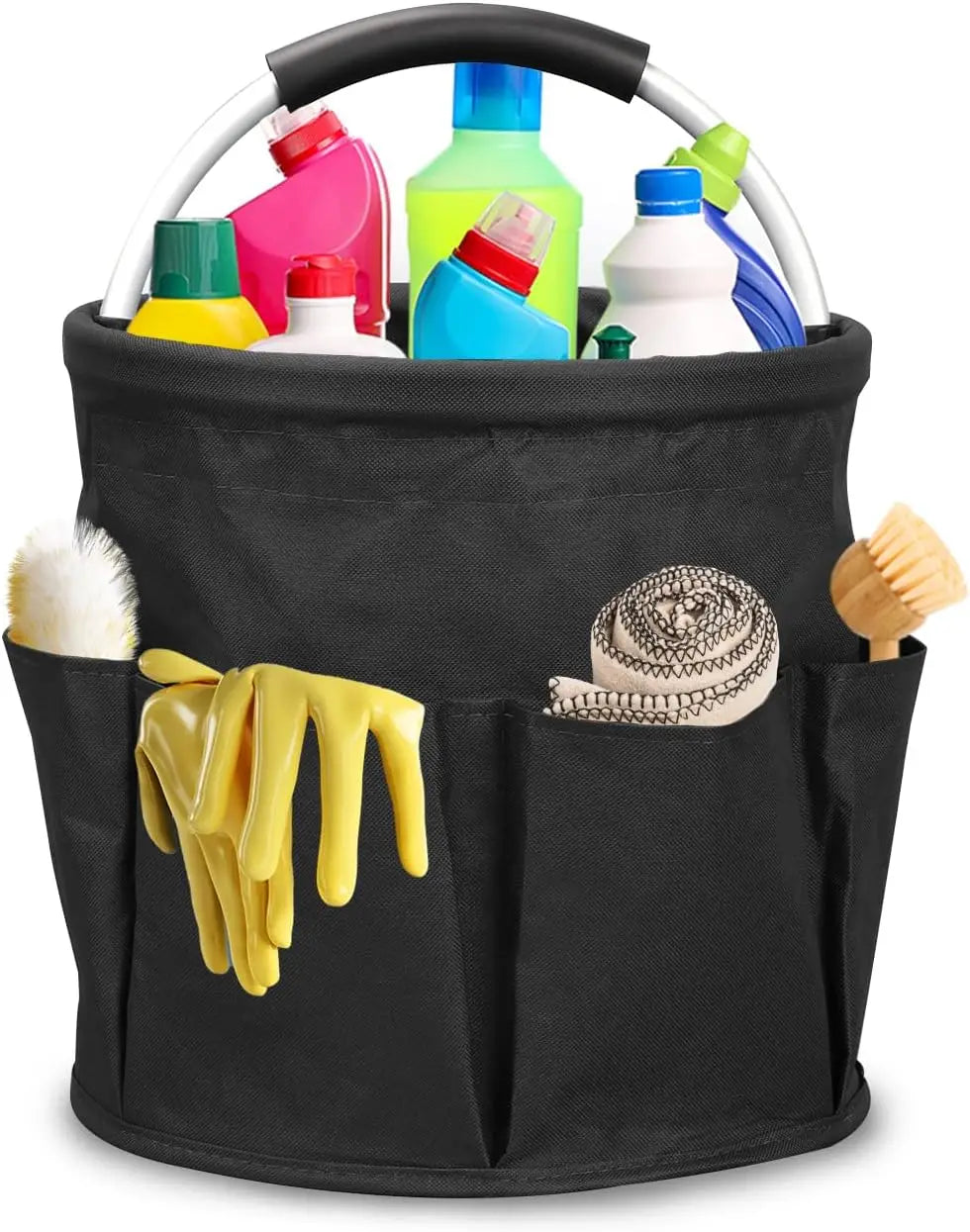 Black foldable cleaning caddy filled with cleaning bottles and supplies, shown with gloves and brushes in the exterior pockets