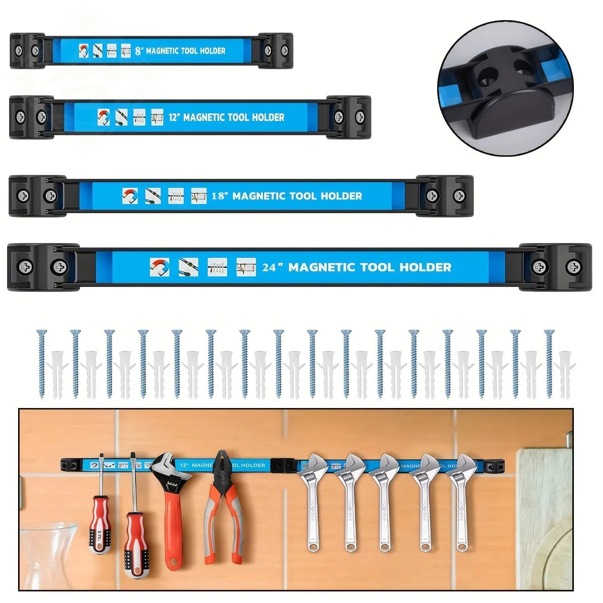 Set of blue wall-mounted magnetic tool holder bars in 8, 12, 18, and 24 inch sizes with included mounting screws, shown with pliers and wrenches